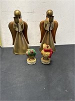 2 angel candle holders and 2 wooden birds