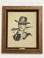 Framed John Wayne The Duke Pen Sketch On Leather