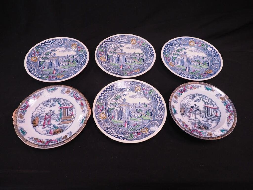 Six colored transferware items: two H&C