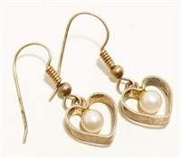 1" Sterling Silver & Pearl Heart Earrings 2.2g