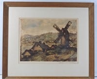 Signed Antique Engraving - Windmill c1925