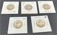 (5) Washington Quarters In 2x2's All XF: