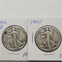 1942 D & 1945 WALKING LIBERTY HALF DOLLARS
