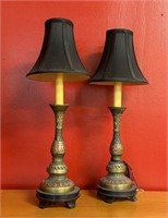 Pair Asian Champleve & Brass Candlestick Lamps