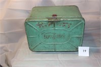 EARLY SAVORY FOOTED TIN BREAD BOX