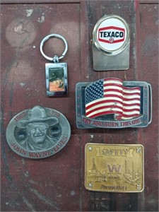 John Wayne belt buckle and keychain, other