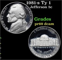 Proof 1981-s Ty 1 Jefferson Nickel 5c Grades GEM++