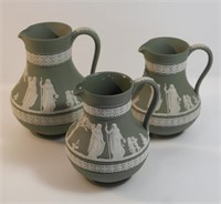 3 WEDGWOOD SAGE GREEN JASPERWARE PITCHERS