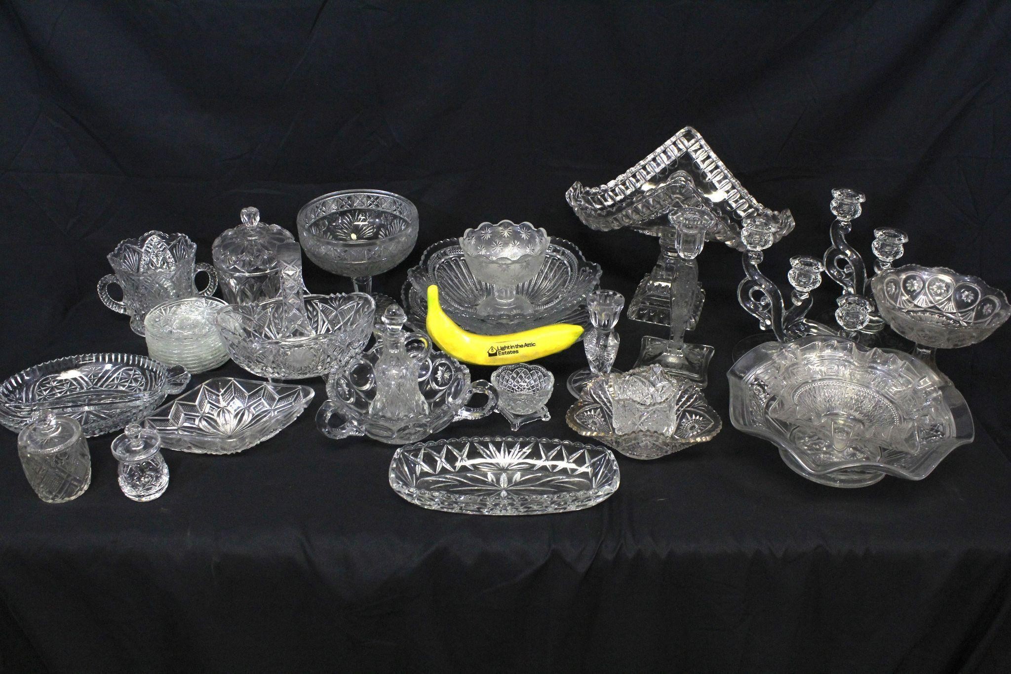 25+Pcs. Pressed Glass, Candlesticks, Candy Dishes+