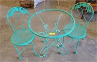 GLASS TOP  METAL TABLE/2 CHAIRS