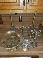 GOLD ROSE CANDLE HOLDERS AND GOLD RIM DISH AND BOW