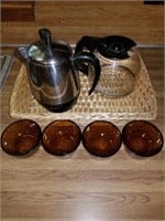 FABERWARE COFFEE POT,  AMBER BOWLS AND BASKET