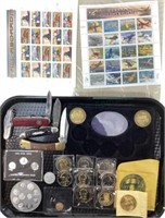 Assorted U. S. Stamps, Pocket Knives, & Medals