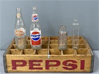 Wood Pepsi Advertising Crate & Glass Bottles