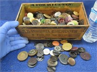 antique buttons in virginia cigar box (no lid)