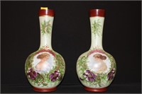 Pair of Very Ornate Handpainted Canary Glass Vase