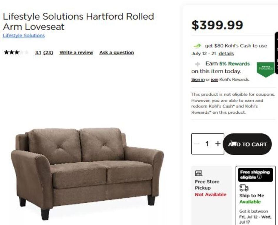 B4306 Lifestyle Solutions Rolled Arm Loveseat