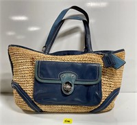 Coach Summer Blue Leather Straw Tote Bag