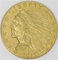 1913 $2.50 US QUARTER EAGLE INDIAN HEAD GOLD COIN