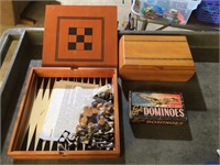 Wood Box, Old Dominoes, & Chess/Checkers Game Set