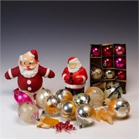 Antique Tin Santa, Xmas ornaments, Plastic Santa