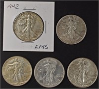 (5) MIXED DATE WALKING LIBERTY HALF DOLLARS