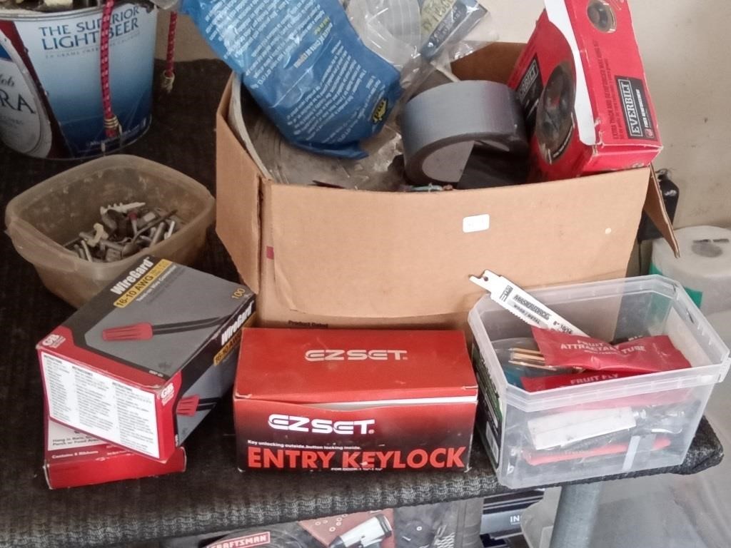 box of various hardware & garage items