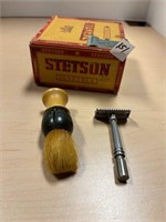 Stetson cigar box, shave razor, shave brush