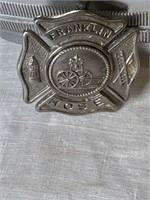 VTG 1.5 INCH FRANKLIN MASS. FIREMANS HAT BADGE