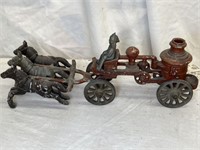VINTAGE METAL 12 INCH HORSE DRAWN FIRE TRUCK TOY