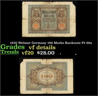 1920 Weimar Germany 100 Marks Banknote P# 69a Grad