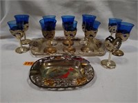 Silverplate Cordial  "Cobalt Blue" cups, ashtray