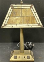 Stained Glass Brass Table Lamp w/ Outlets