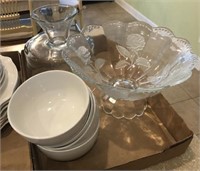 2 TRAYS- CENTERPIECE, PUDDING BOWL, DISHES