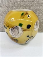 Yellow Cased Glass Vase w/Flowers HEAVY!