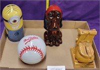 3 COIN BANKS & 1 BASEBALL TIN DISH