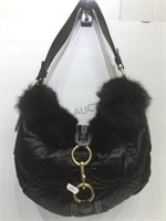 Coach black rabbit fur clip nylon satchel w/ dust
