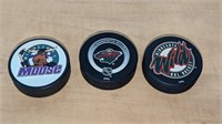 3 Minnesota Wild & Moose Hockey Pucks