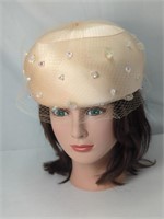 Mid Century Silk Peach Pill Box Hat with Netting