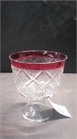 CRYSTAL PEDESTAL BOWL WITH CRANBERRY RIM