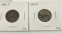 1867 & 1869 Shield Nickels