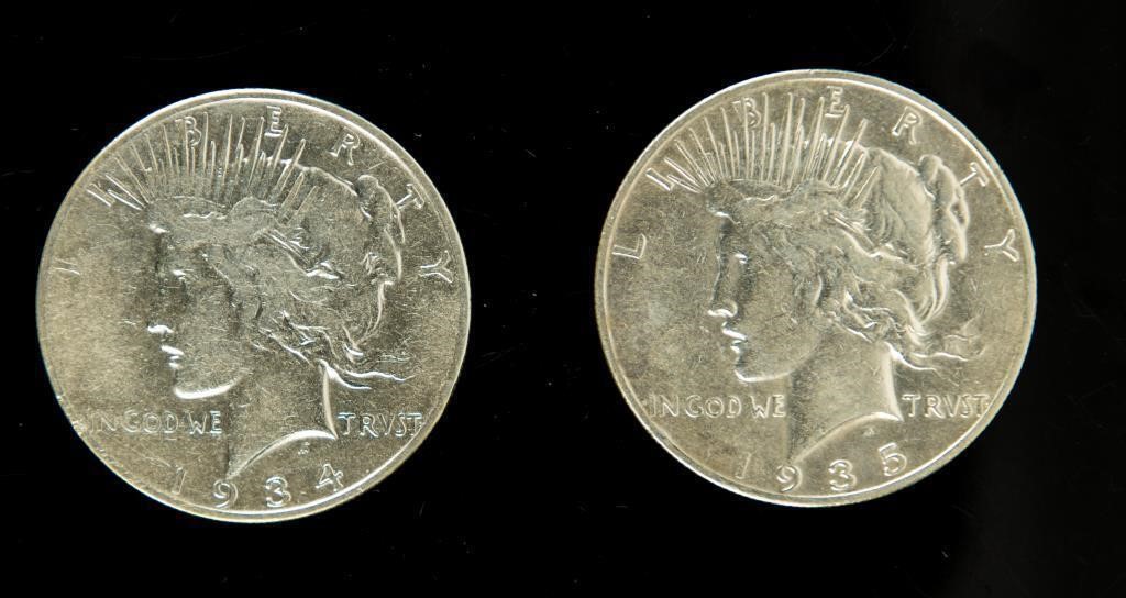 Coin 2 Peace Dollars(1934-S+1935-S)-VG-F
