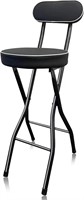 Folding Leather Padded Stool with Back (Black)