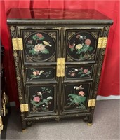 Black lacquer Asian cabinet w/hardstone inlay