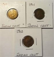 (3) Indian Head Cents 1900, 1901, 1902