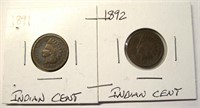 (2) Indian Head Cents 1891, 1892