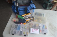 SOFT TACKLE BOX FULL OF LURES, BOBBERS, ETC