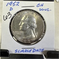 1952-D WASHINGTON SILVER QUARTER UNC HARDER DATE