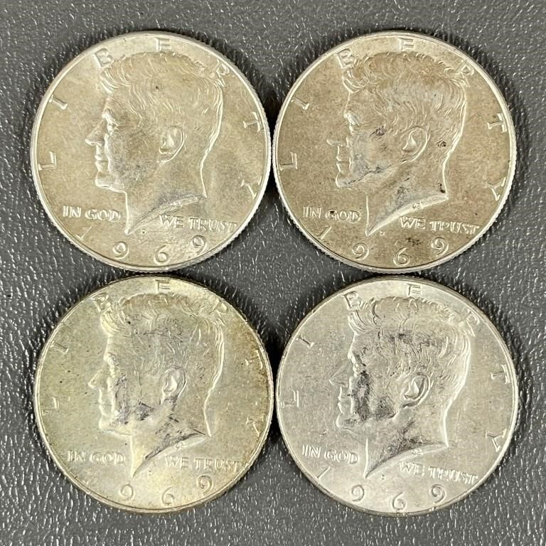 Four 1969 Kennedy Half Dollars (40% Silver)