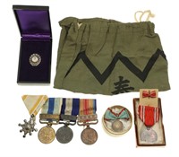 WWI - WWII JAPANESE MEDALS BADGES BAG & SILK CASE